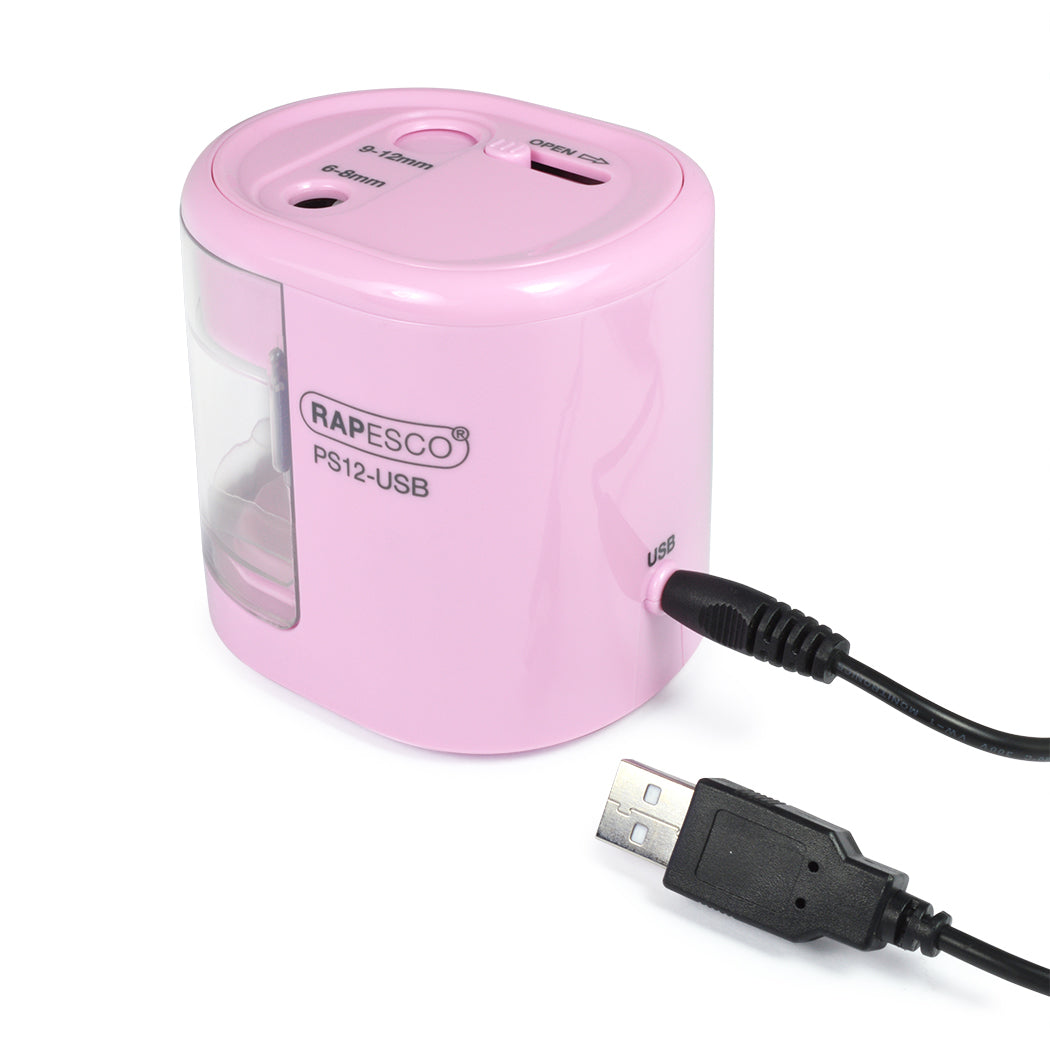 Rapesco PS12-USB Elektro-Spitzmaschine – für Ø 6–8 + 9–12 mm – USB/Batterie (4×AA) – rosa