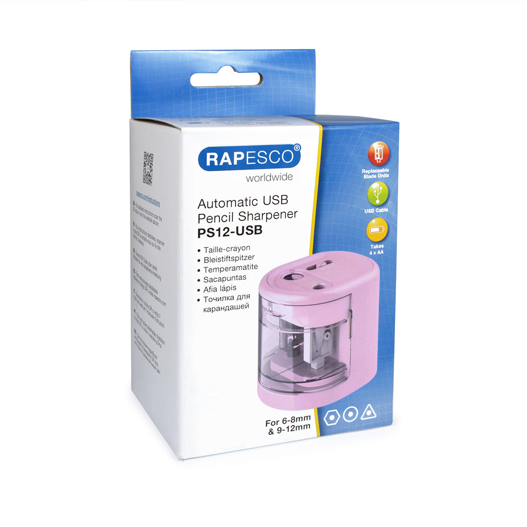 Rapesco PS12-USB Elektro-Spitzmaschine – für Ø 6–8 + 9–12 mm – USB/Batterie (4×AA) – rosa