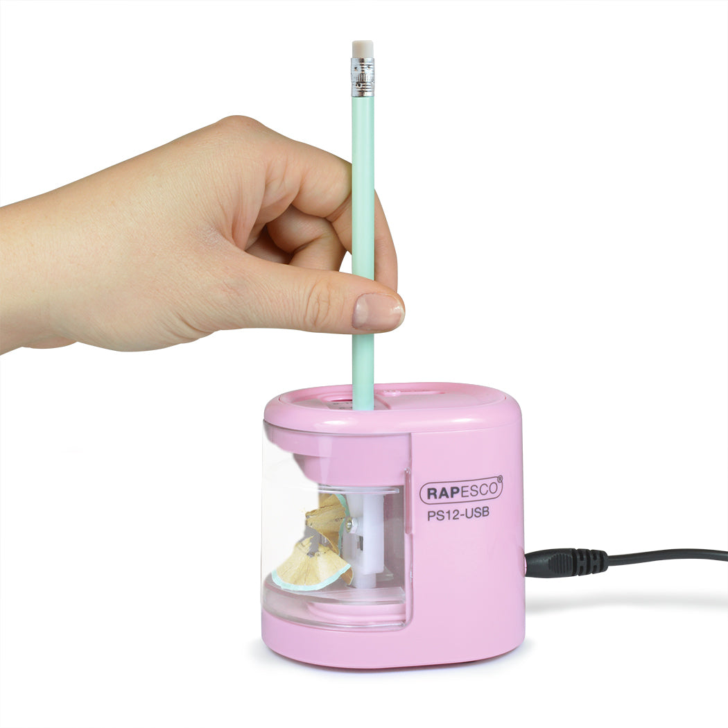 Rapesco PS12-USB Elektro-Spitzmaschine – für Ø 6–8 + 9–12 mm – USB/Batterie (4×AA) – rosa
