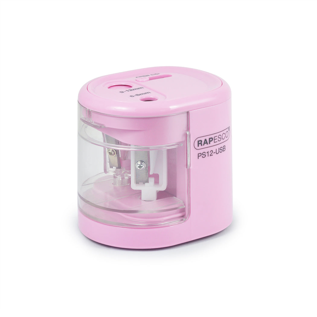 Rapesco PS12-USB Elektro-Spitzmaschine – für Ø 6–8 + 9–12 mm – USB/Batterie (4×AA) – rosa