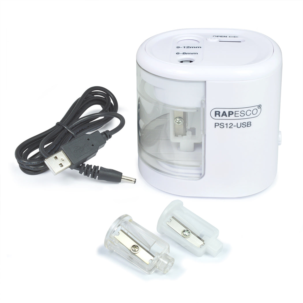 Rapesco PS12-USB Elektro-Spitzmaschine – für Ø 6–8 mm und Ø 9–12 mm – USB/Batterie (4×AA) – weiss