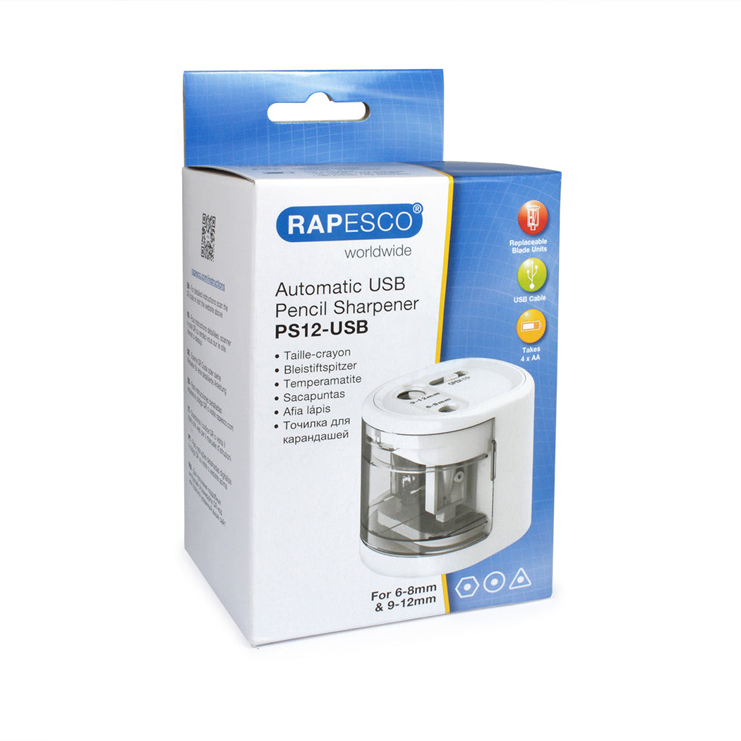 Rapesco PS12-USB Elektro-Spitzmaschine – für Ø 6–8 mm und Ø 9–12 mm – USB/Batterie (4×AA) – weiss