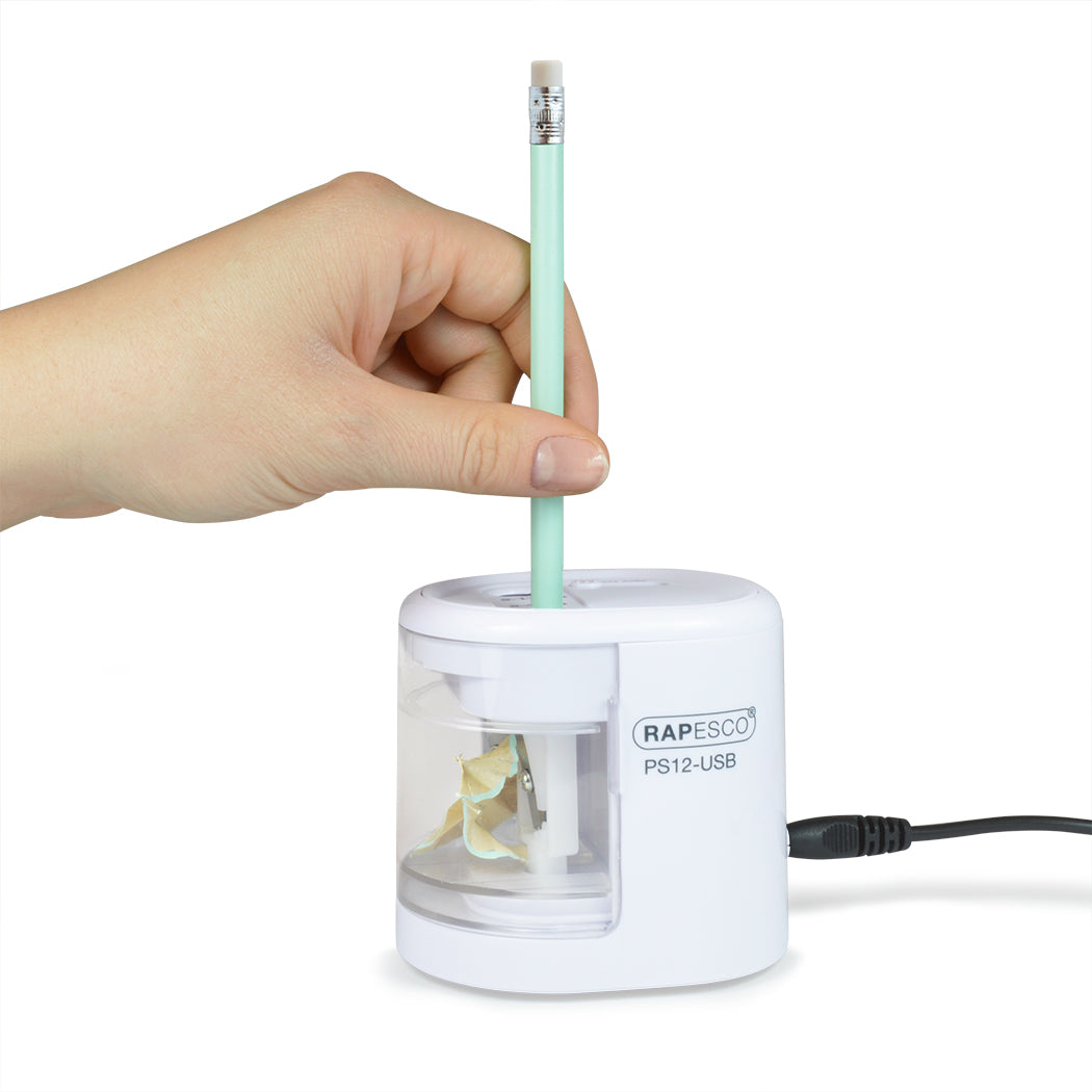 Rapesco PS12-USB Elektro-Spitzmaschine – für Ø 6–8 mm und Ø 9–12 mm – USB/Batterie (4×AA) – weiss