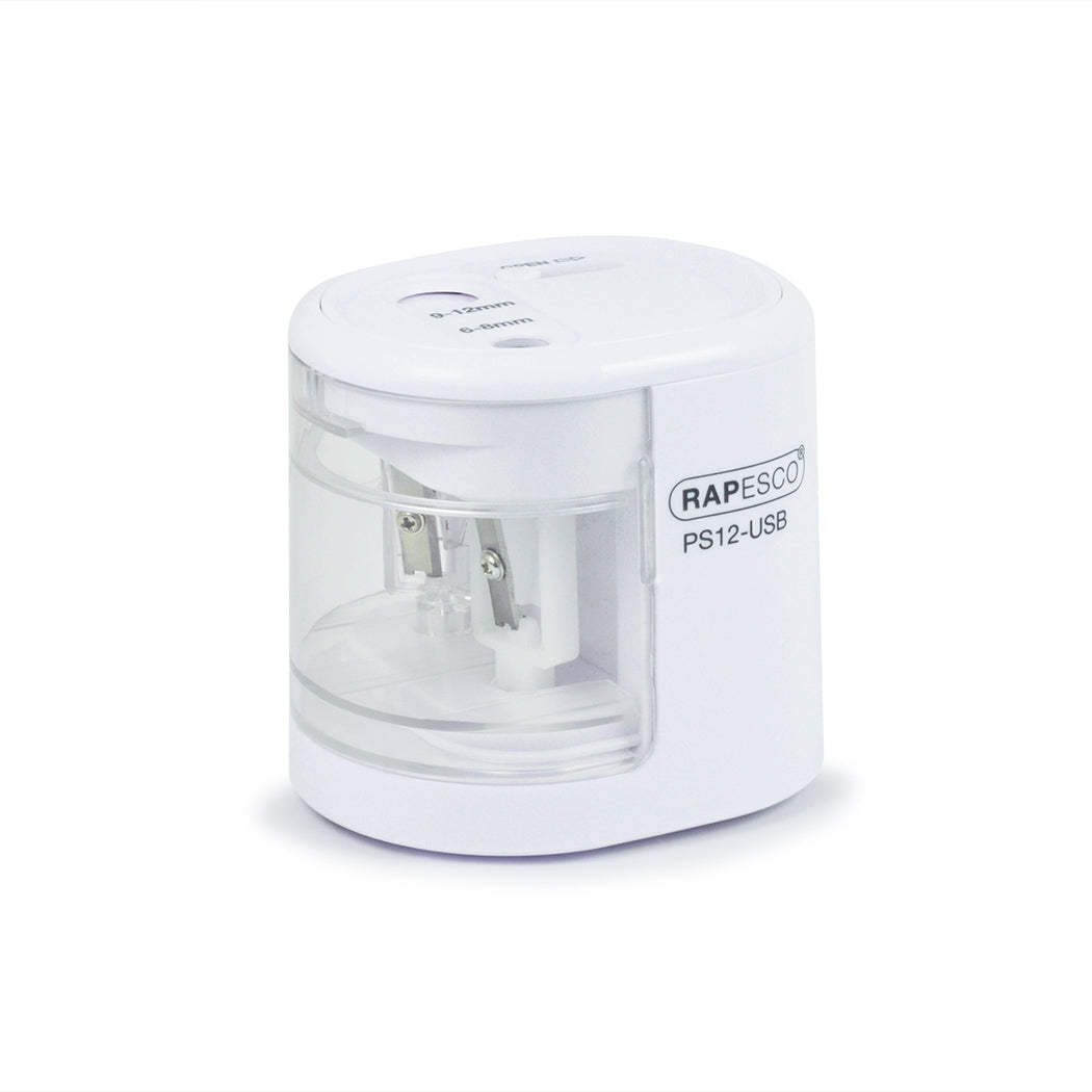 Rapesco PS12-USB Elektro-Spitzmaschine – für Ø 6–8 mm und Ø 9–12 mm – USB/Batterie (4×AA) – weiss