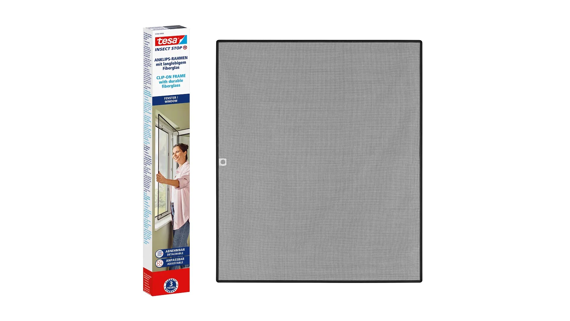 tesa Fenster-Fliegengitter – 100 × 120 cm – Anthrazit – PVC-Netz – Clip-Befestigung – für Fenster
