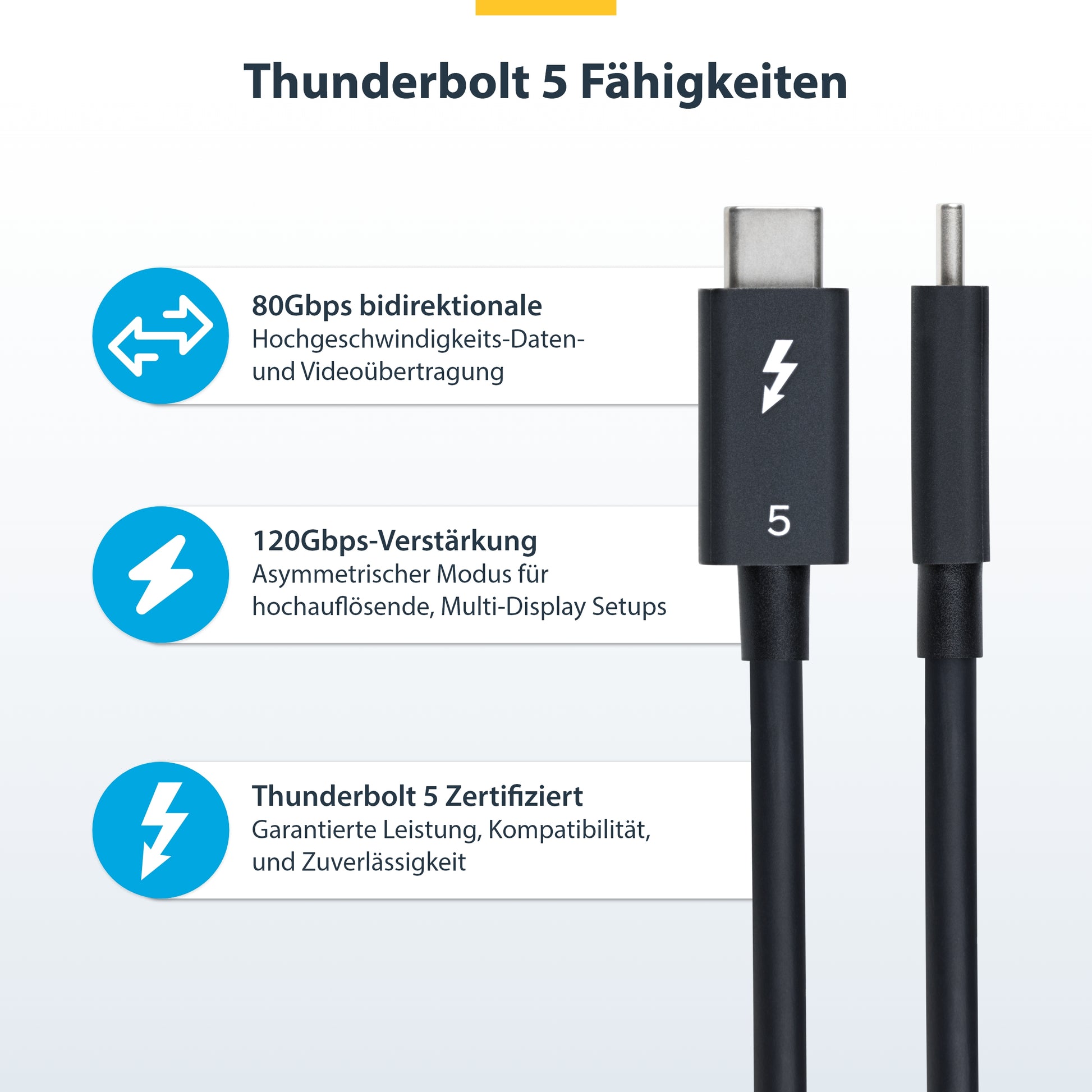 StarTech.com Thunderbolt 5 (USB-C) Kabel – 80 Gbit/s – 0,5 m – PD 240 W – 8K/60 – TPE – Schwarz