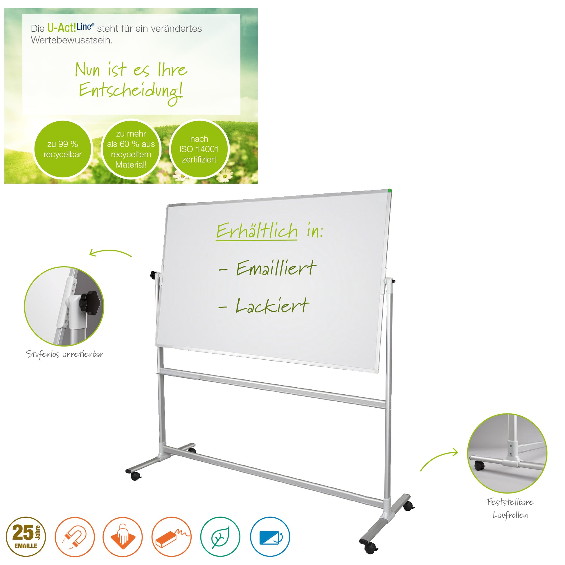 Franken Whiteboard – 200 × 100 cm, Emaille, magnetisch, Metallrahmen, hellgrau, mit Ständer, drehbar