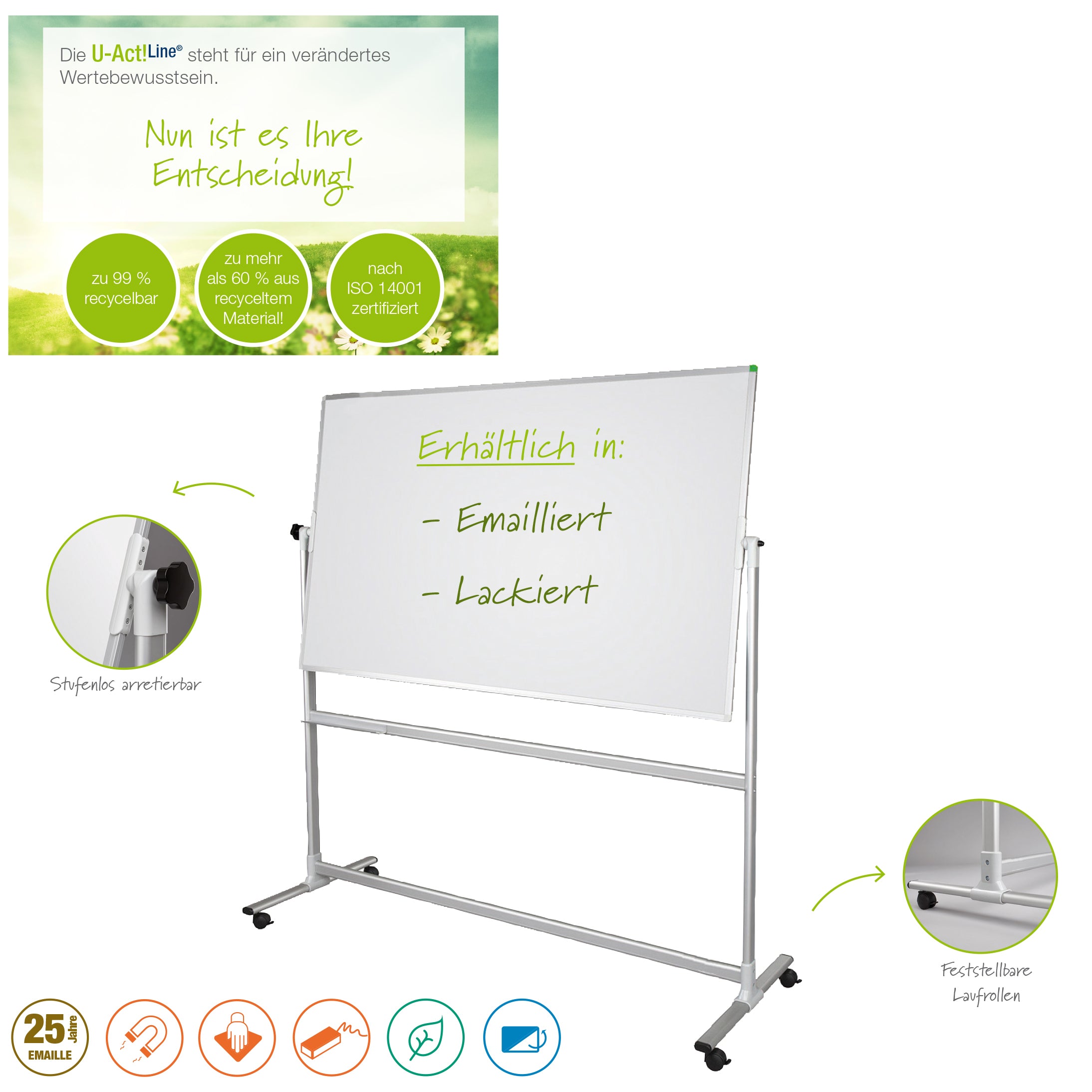 Franken Whiteboard – 200 × 100 cm, Emaille, magnetisch, Metallrahmen, hellgrau, mit Ständer, drehbar