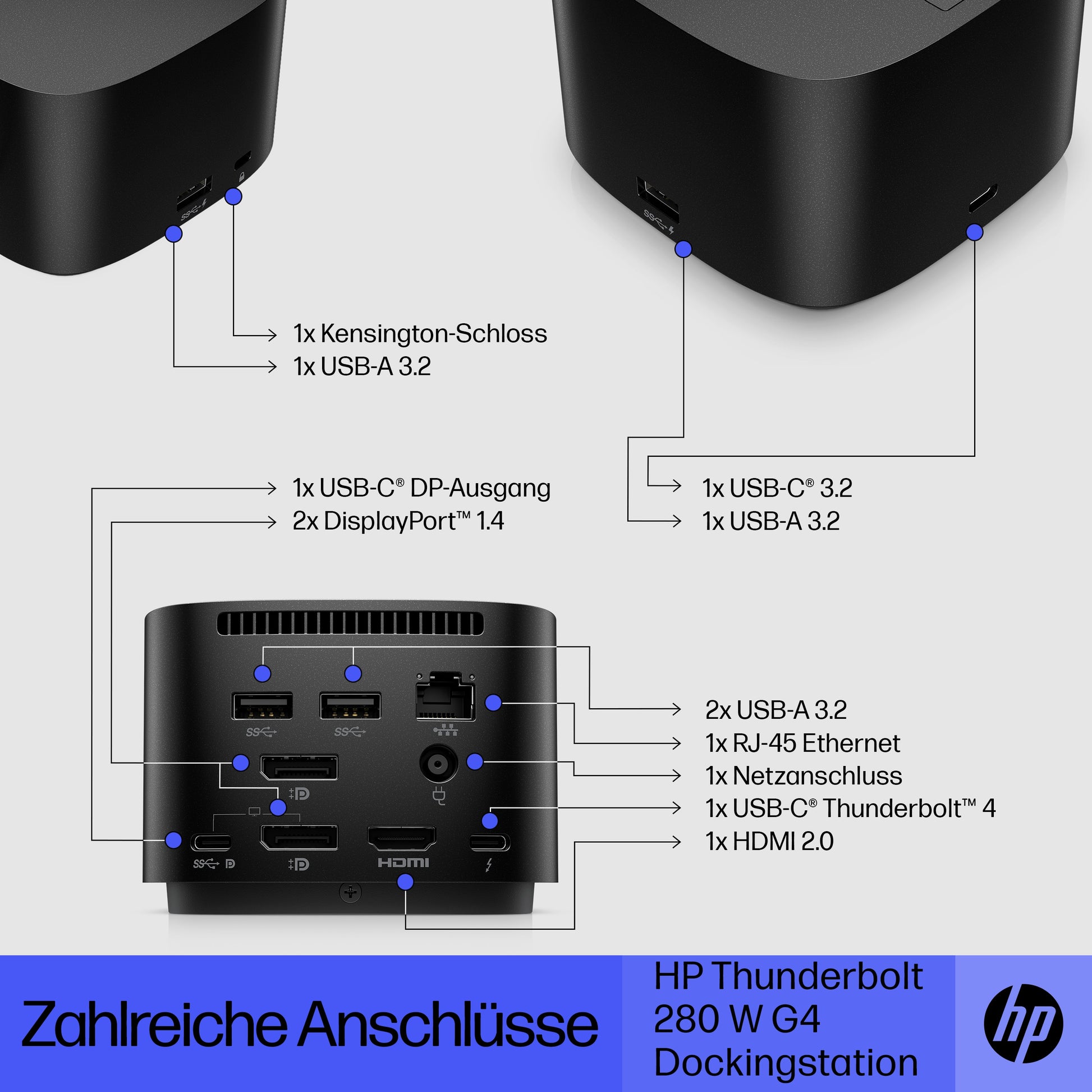 HP G4 Dockingstation – Thunderbolt 4, 2× DP, 1× HDMI, 4× USB-A, 1× USB-C, 280 W PD