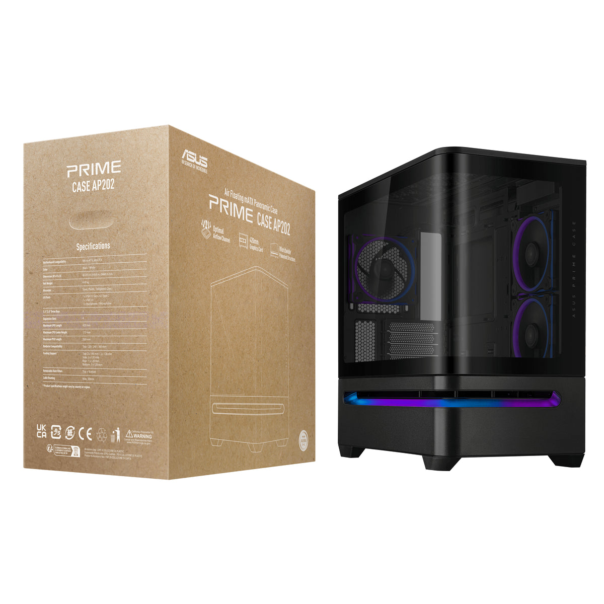 ASUS AP202 PRIME TG – PC-Gehäuse – Mid-Tower – mATX/Mini-ITX, 6× Lüfterplätze, Weiss, Sichtfenster