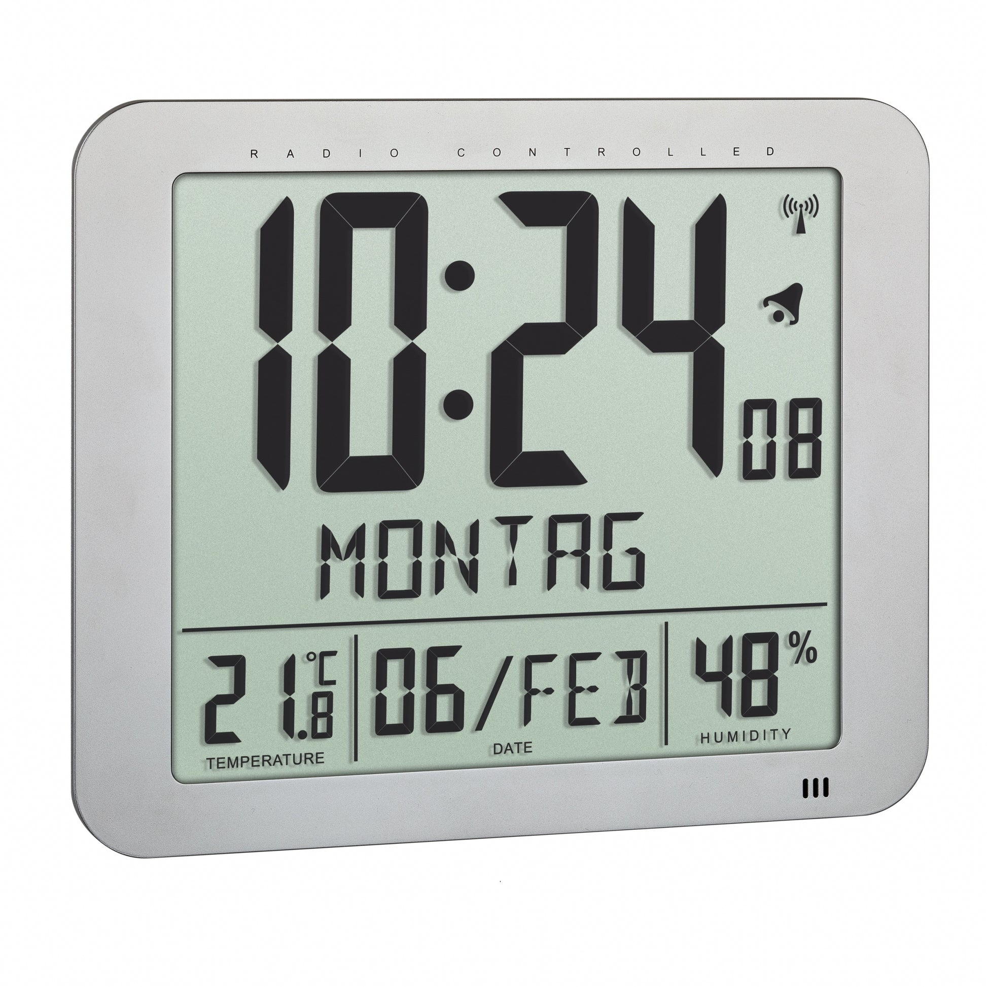 TFA-Dostmann TFA Dostmann Wanduhr – Digital, Funk, Thermometer, 24,8 × 20,6 × 2,5 cm, Silber
