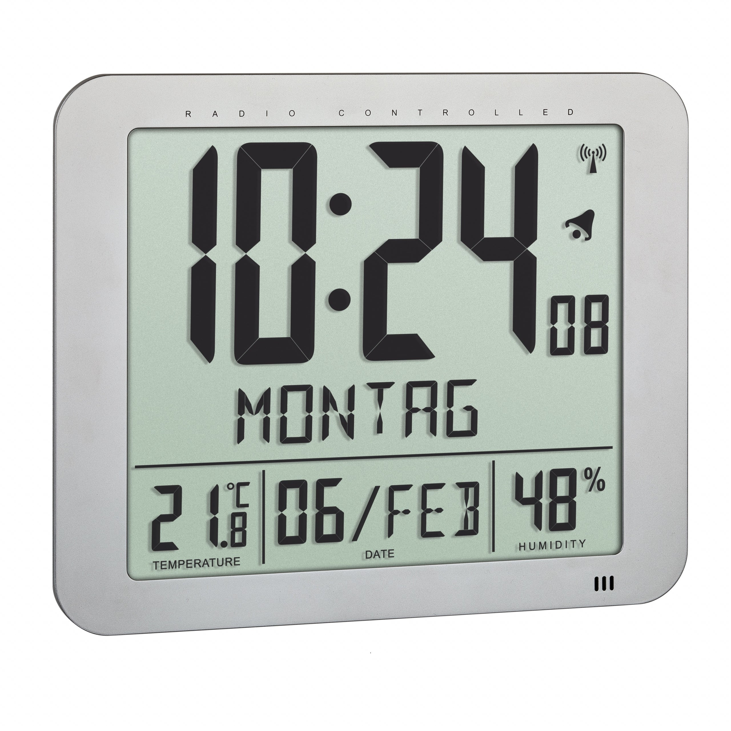 TFA-Dostmann TFA Dostmann Wanduhr – Digital, Funk, Thermometer, 24,8 × 20,6 × 2,5 cm, Silber