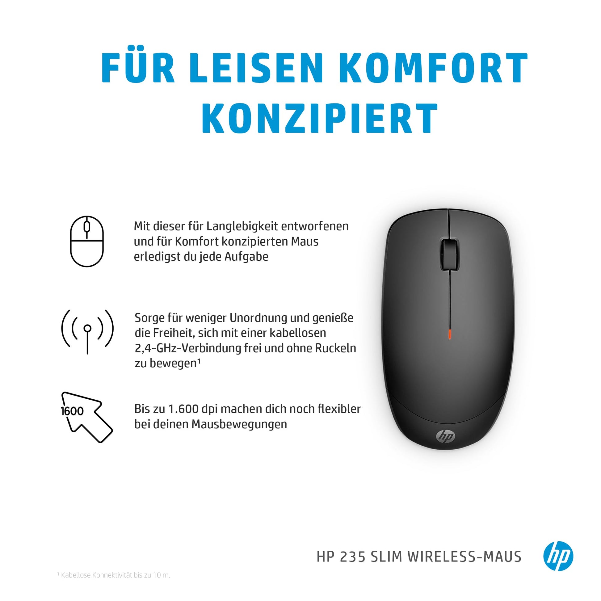 HP 235 Maus – kabellos, 2,4 GHz, 1'600 dpi, optischer Sensor, rot