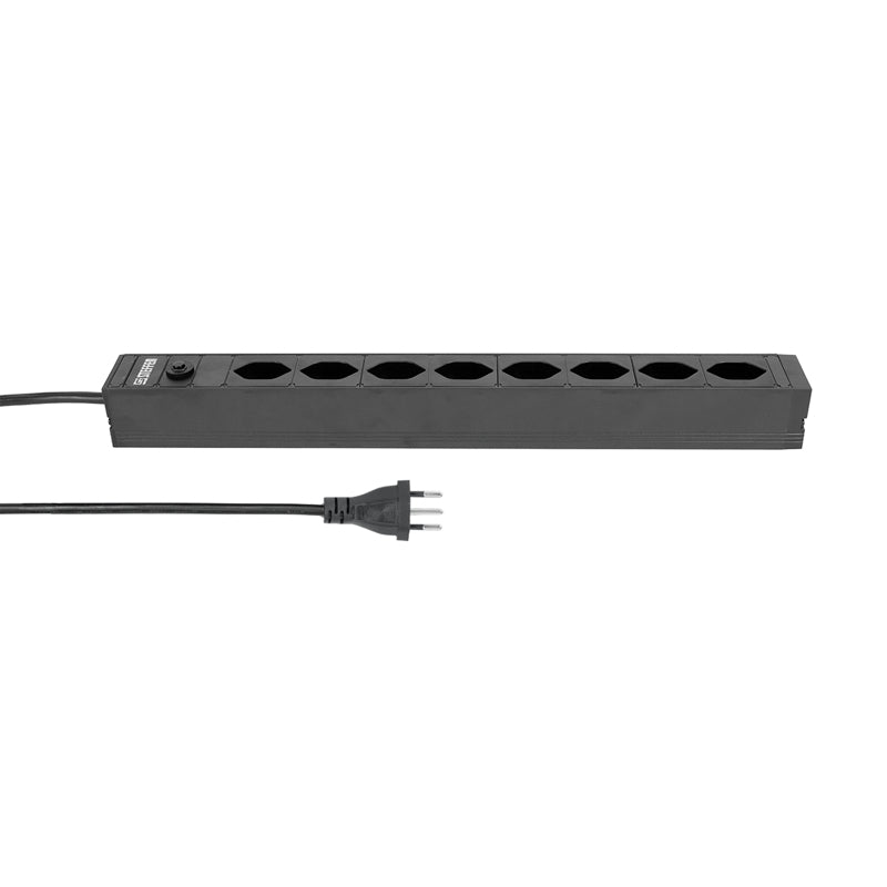 Steffen ALU Modular – Steckdosenleiste, 8× T13, 3 m, Stecker T12, IP20, mit Rackhalter, Überlastschutz
