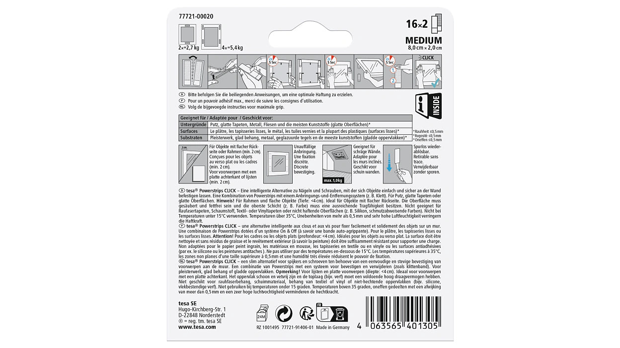 TESA Powerstrips CLICK Medium Klettband – 120 mm × 0,14 m, weiss, wiederablösbar, 32 Stück
