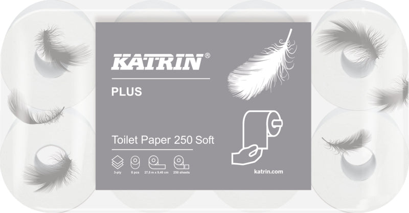 Katrin Plus Toilettenpapier – 3-lagig, Blattgrösse 94,5 × 110 mm, 250 Blatt/Rolle – 72 Rollen