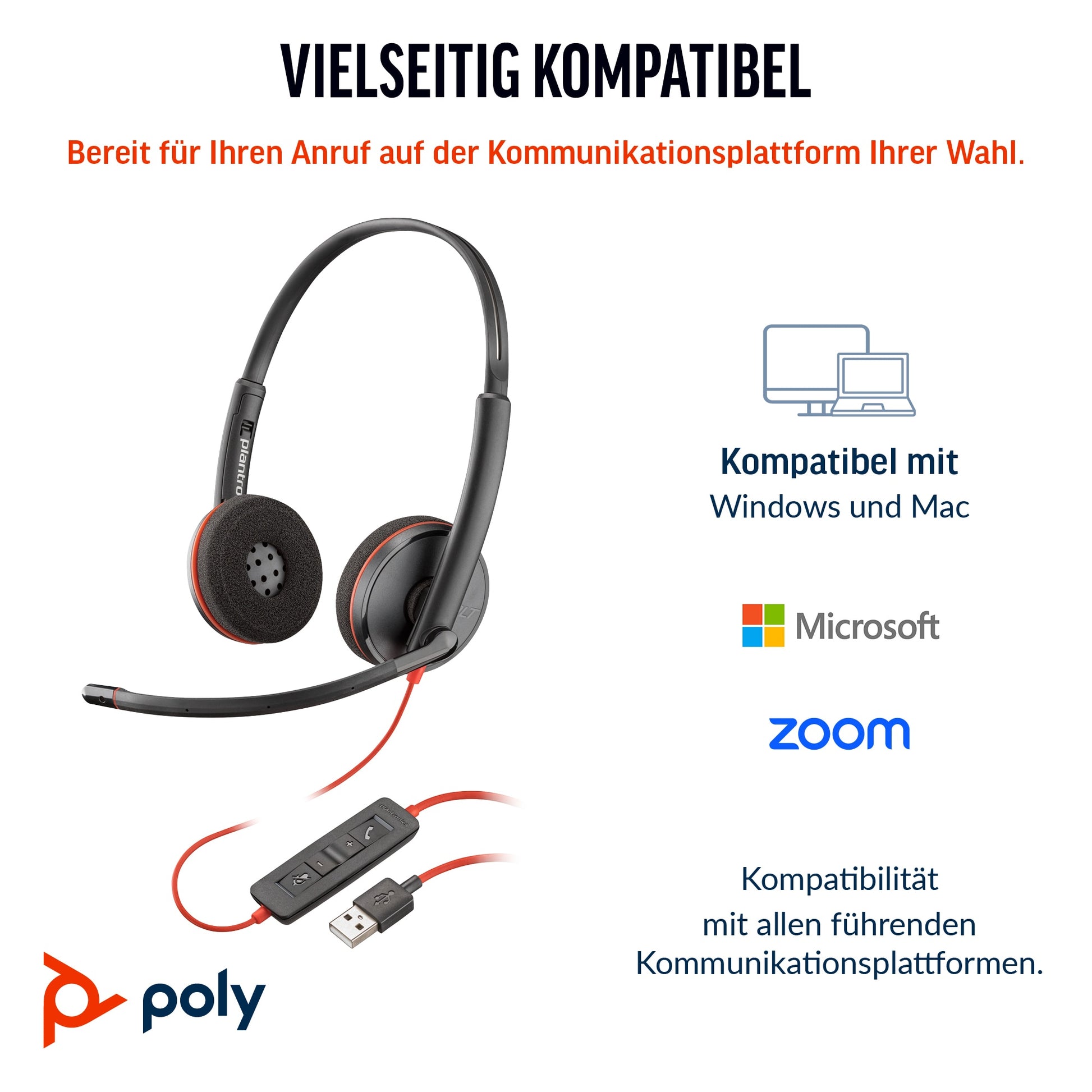 Poly Blackwire 3220 Office-Headset – On-Ear, Stereo, Kabelgebunden, USB-C (mit USB-A Adapter), UC-optimiert, Schwarz
