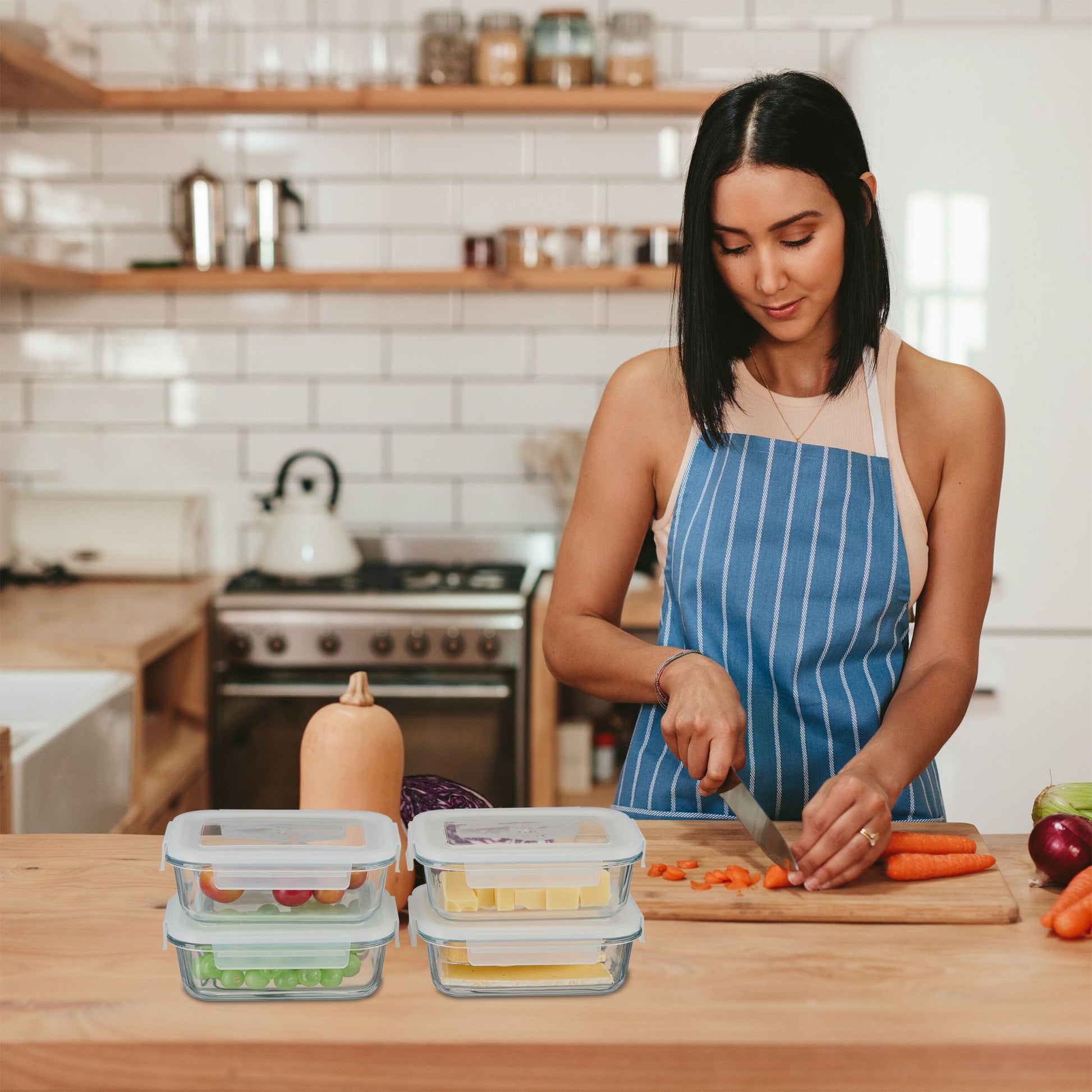 Relaxdays Vorratsdose 640 ml, 18 × 13,5 × 6 cm, Glas/Polypropylen (PP)/Silikon, Transparent/Weiss