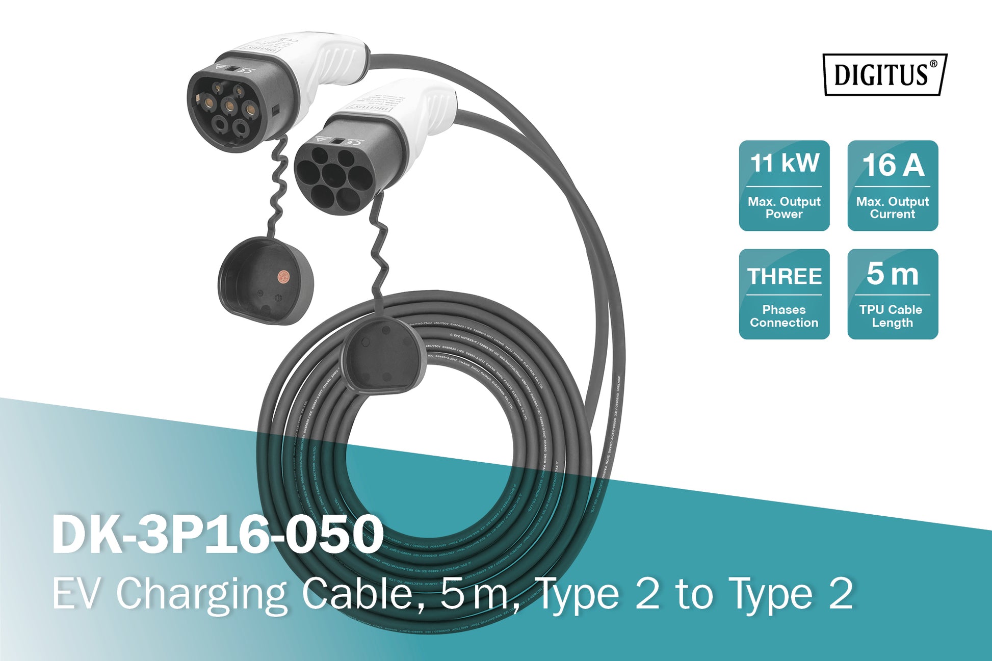 Digitus Typ 2 zu Typ 2 Stromkabel – 5 m, 3-phasig, 16 A, 11 kW, IP55, schwarz