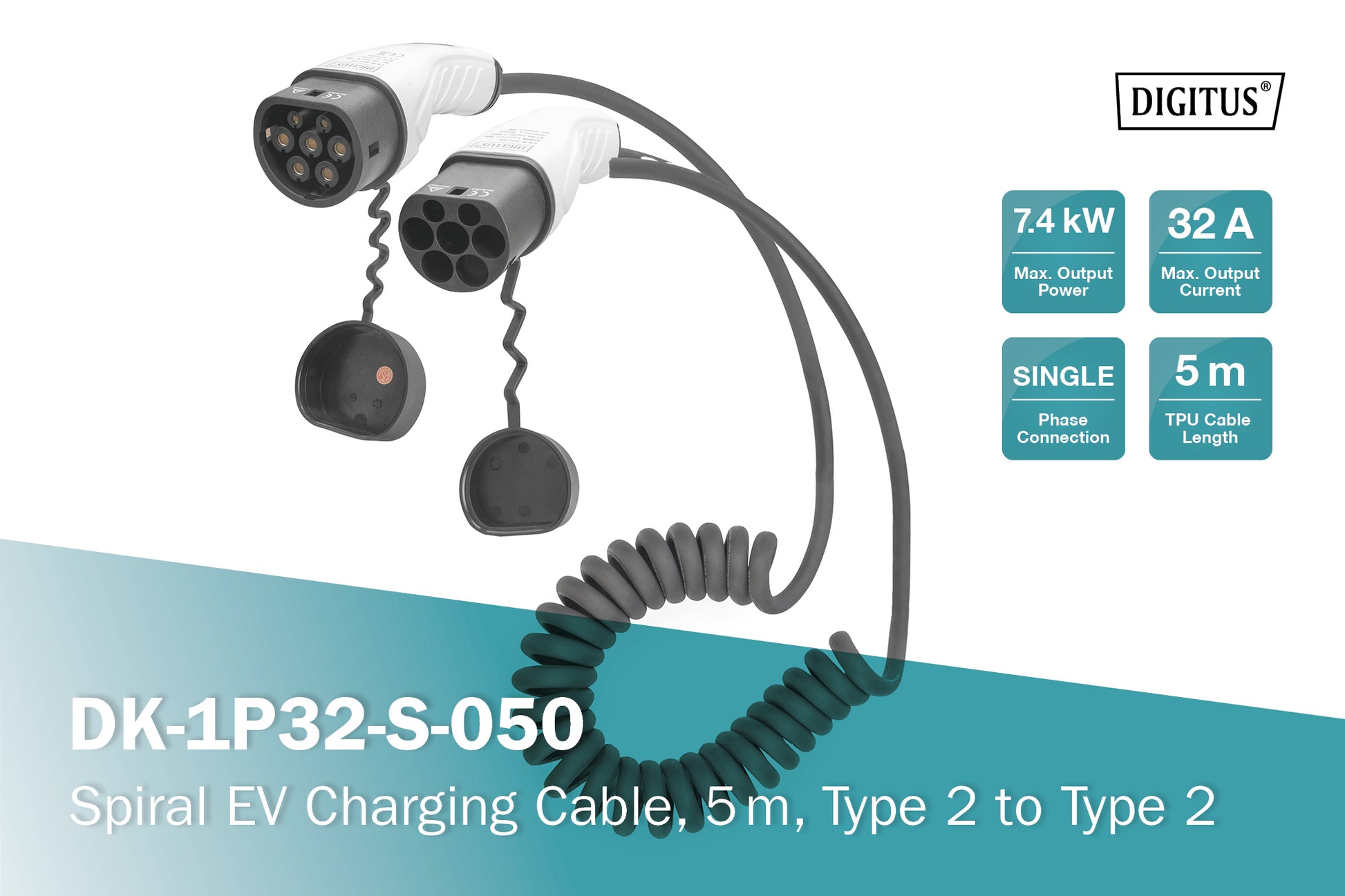 Digitus Typ 2 Stromkabel – Typ 2–Typ 2, 5 m, einphasig, 32 A/7,4 kW, IP55, Schwarz