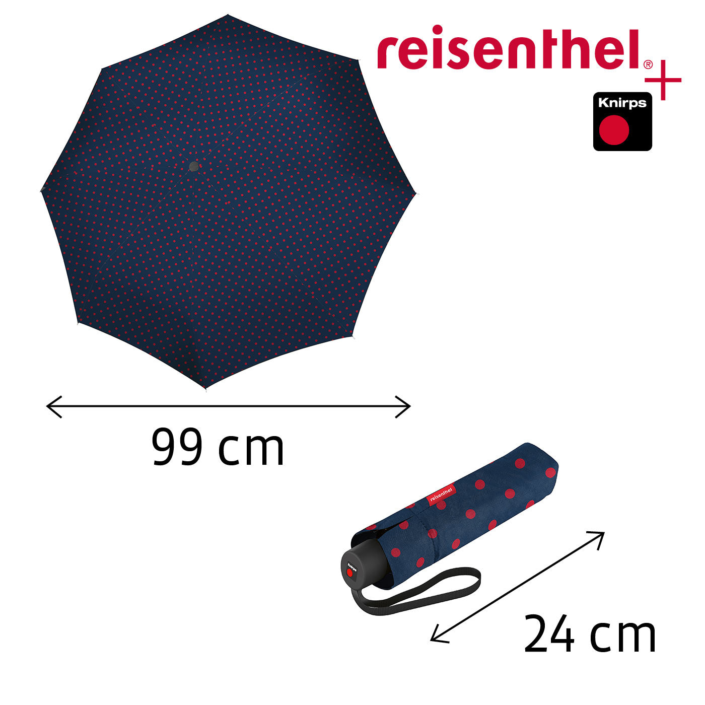 Reisenthel Taschenschirm Pocket Classic – Ø 99 cm, L 24 cm – Gemischte Punkte Rot – Windfest