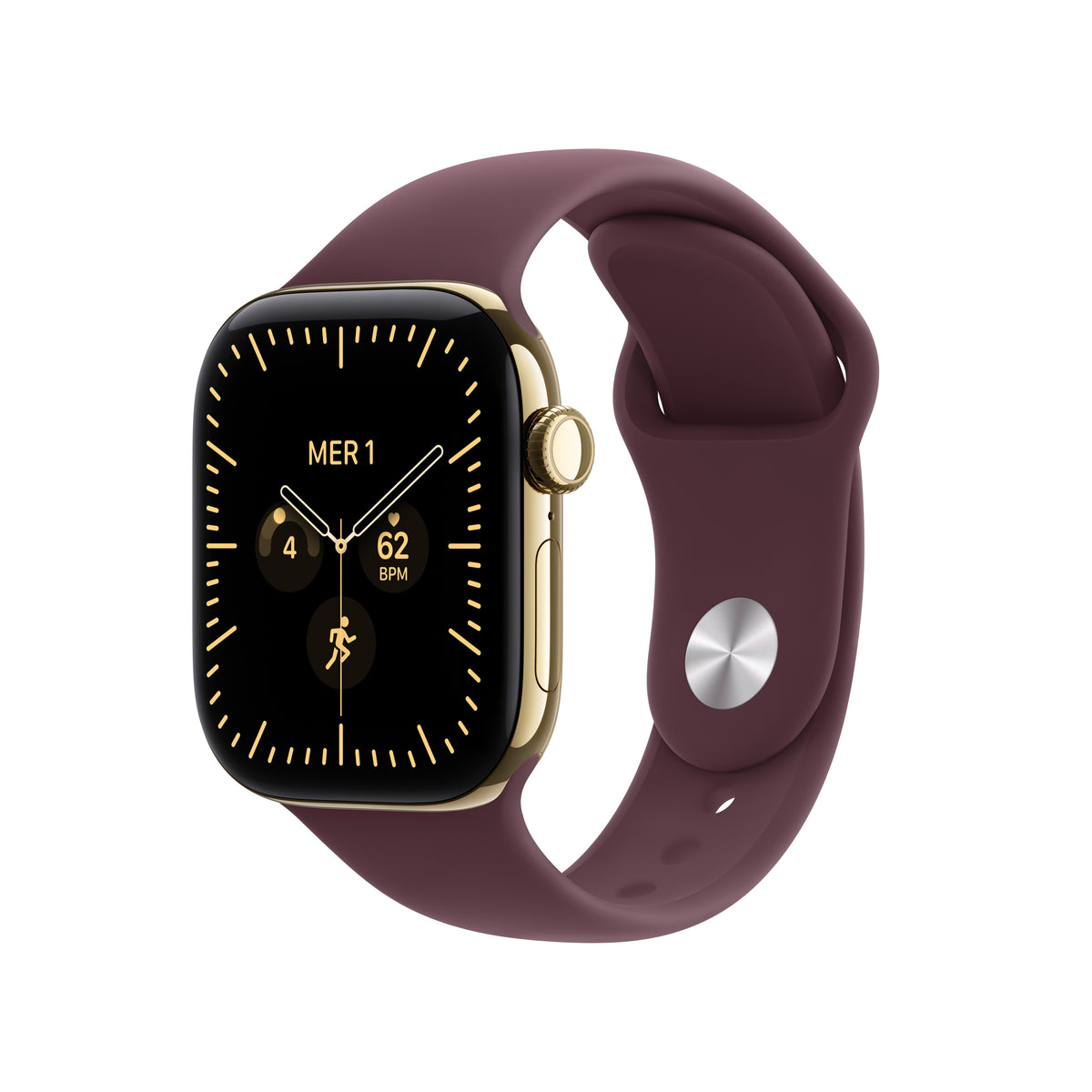 Apple Watch Series 12 42 mm GPS + Cellular – Titan Gold, Sportarmband, Burgund, M/L, 50 m, für iPhone