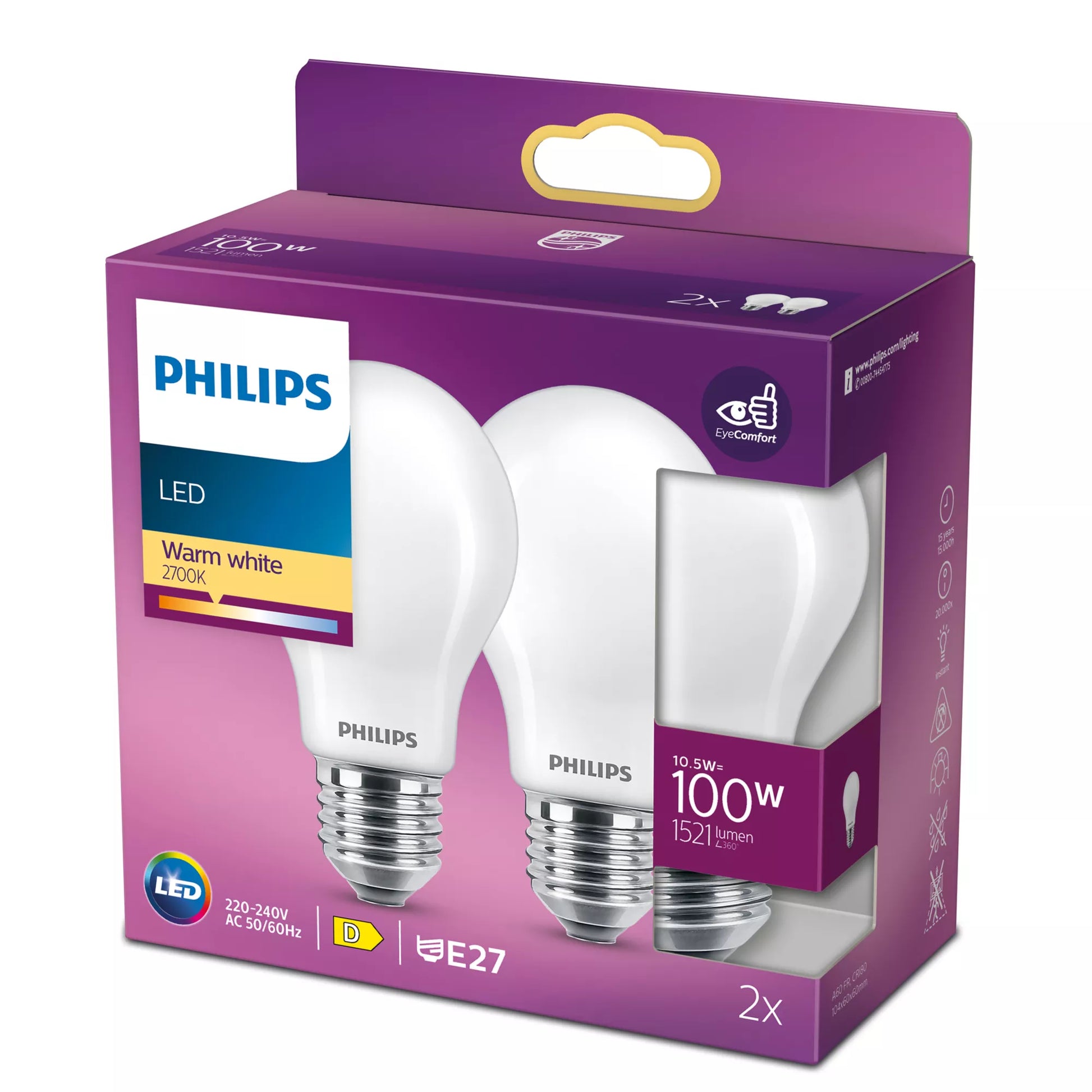 Philips by Signify Philips LED-Leuchtmittel E27 A60 – Warmweiss 2700 K, 1521 lm, 10,5 W – 2 Stk., Weiss, mattes Glas