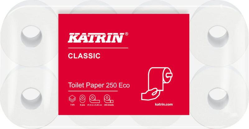 Katrin Toilettenpapier – Recycling, 3-lagig, Weiss, 250 Blatt/Rolle, 110 × 95 mm – 8 Rollen