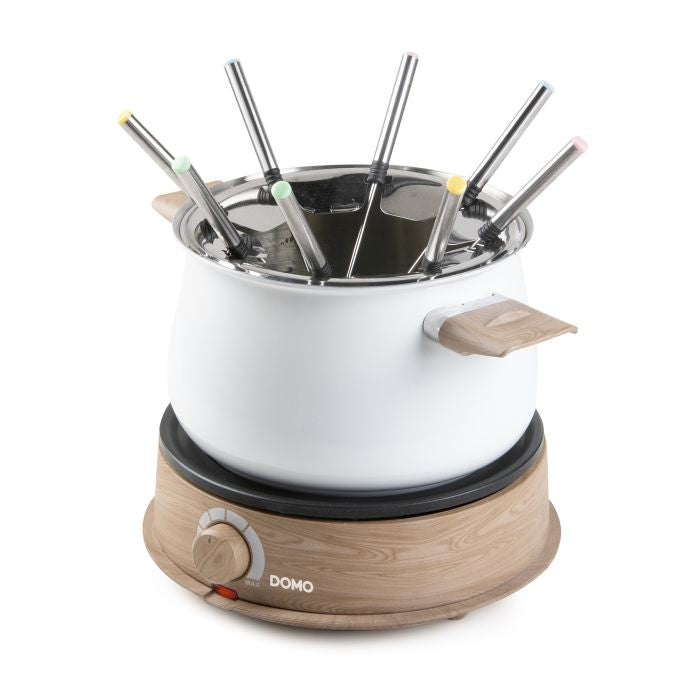 Domo Fondue-Set DO736F – Edelstahl, 2 l, 8 Gabeln, elektrisch – weiss/Holz