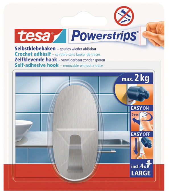 TESA Haken – Edelstahl – Silber (2 kg) – Selbstklebend, Leicht Entfernbar – 34 × 72 × 19,6 mm