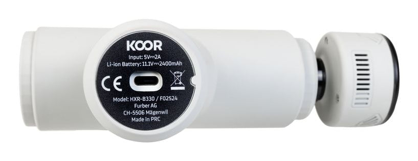 KOOR Massagepistole – Perkussionsmassage, 5 Stufen, mit Wärmefunktion – Weiss, 5 Köpfe – USB, 8 h Laufzeit
