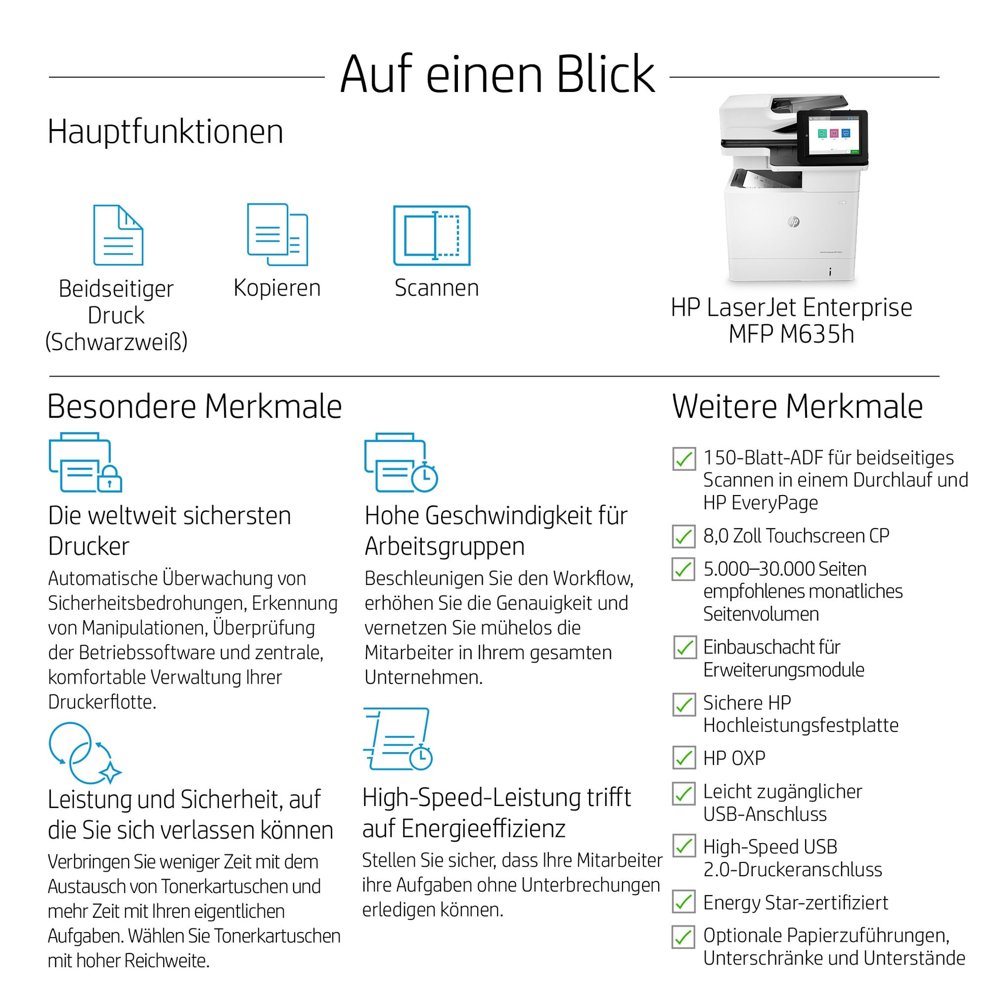 HP LaserJet Enterprise M635h – S/W Laser-MFP A4, 3-in-1 – USB/LAN/WLAN – Duplex, Duplex-ADF – 61 ppm S/W