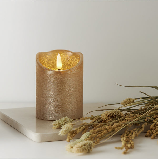 Star Trading LED-Kerze Flamme Rustic – Ø 7,5 × 10 cm, 0,03 W, Warmweiss, Gold, Timer, flackernd