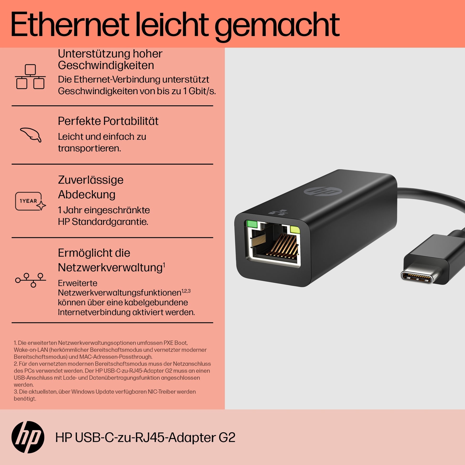 HP USB-C zu RJ-45 Adapter – Schwarz, 180×20,6×16,5 mm, für Windows 10, Windows 11