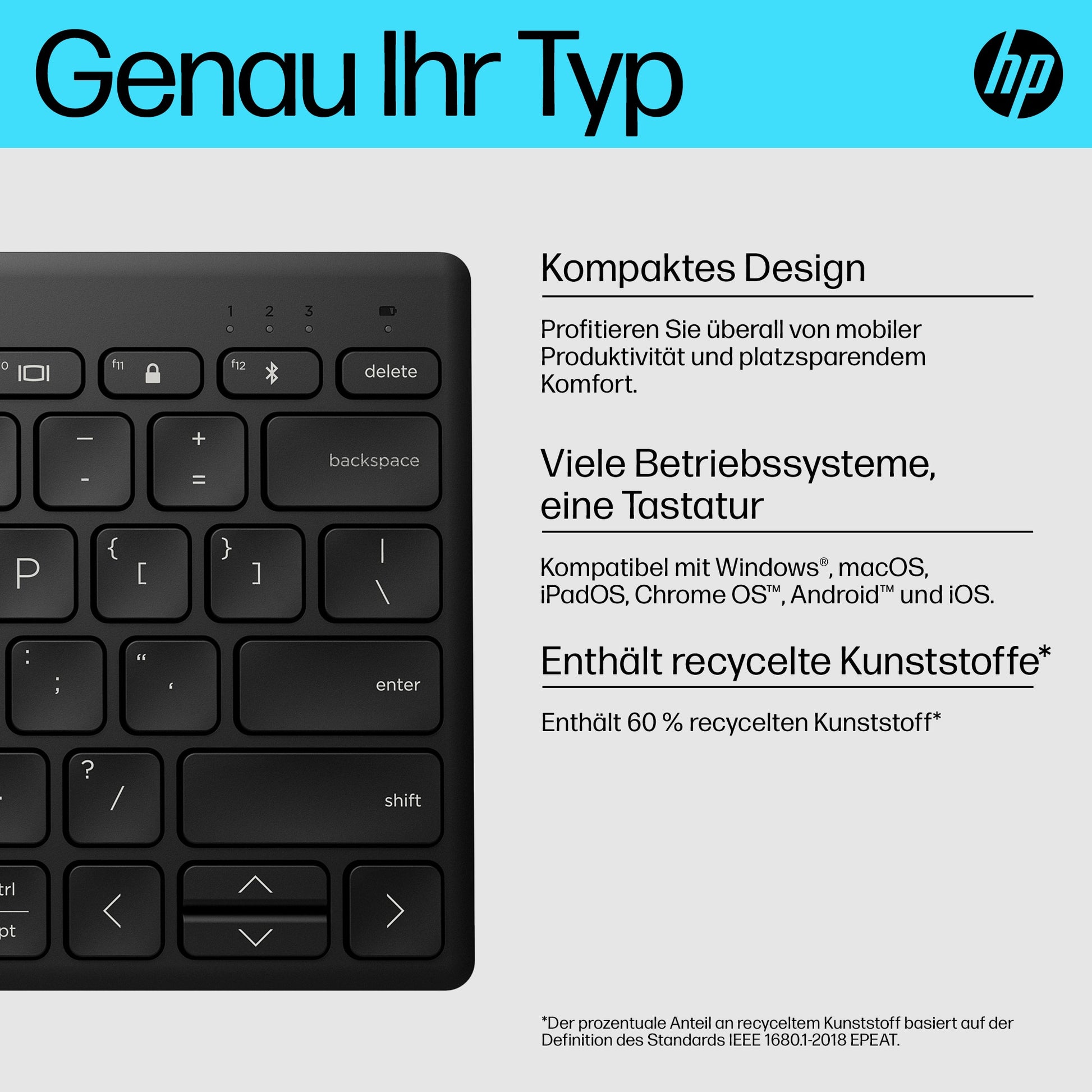 HP 355 Compact Multi – Kompakte Tastatur – Mechanisch – Bluetooth 5.2 – Ohne Ziffernblock – Schwarz