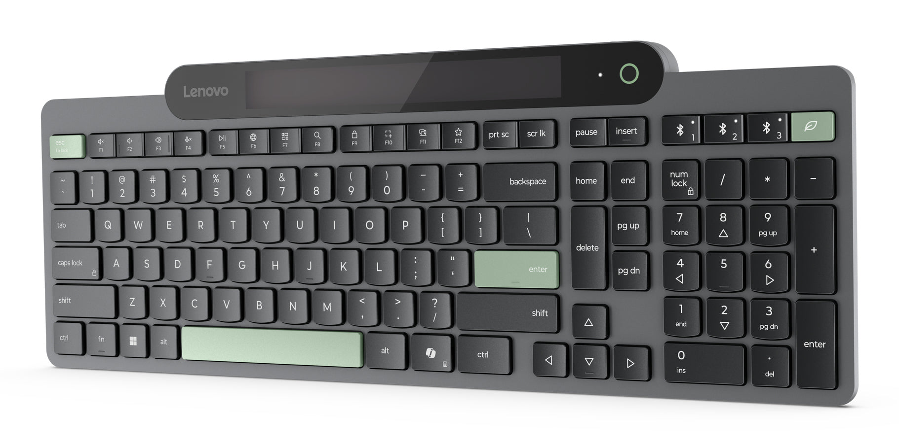 Lenovo Tastatur – Membran – Bluetooth 5,1 – USB-C – QWERTY (US-INT) – Solar, Multi-Device – Schwarz/Grün