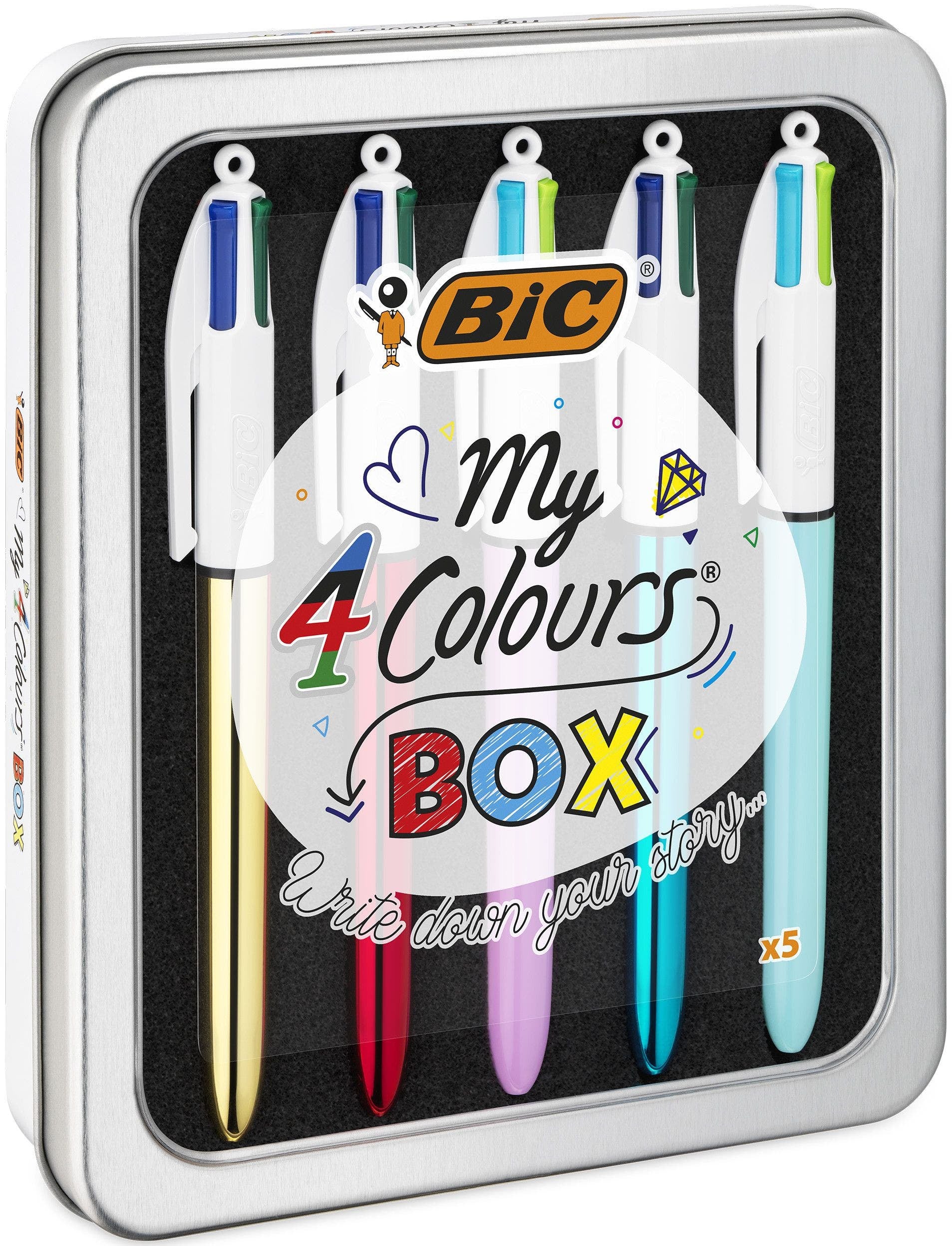BIC 4 My Colours Multifunktions-Kugelschreiber – 4 Farben, Spitze 0,32 mm, Druck, nachfüllbar, 5er Pack