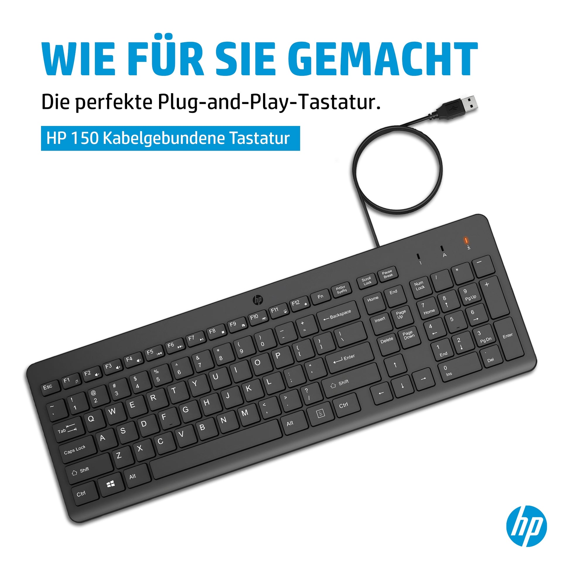 HP 150 – Tastatur – 100% – mechanisch – kabelgebunden, USB‑A – QWERTY (US‑INT) – Schwarz