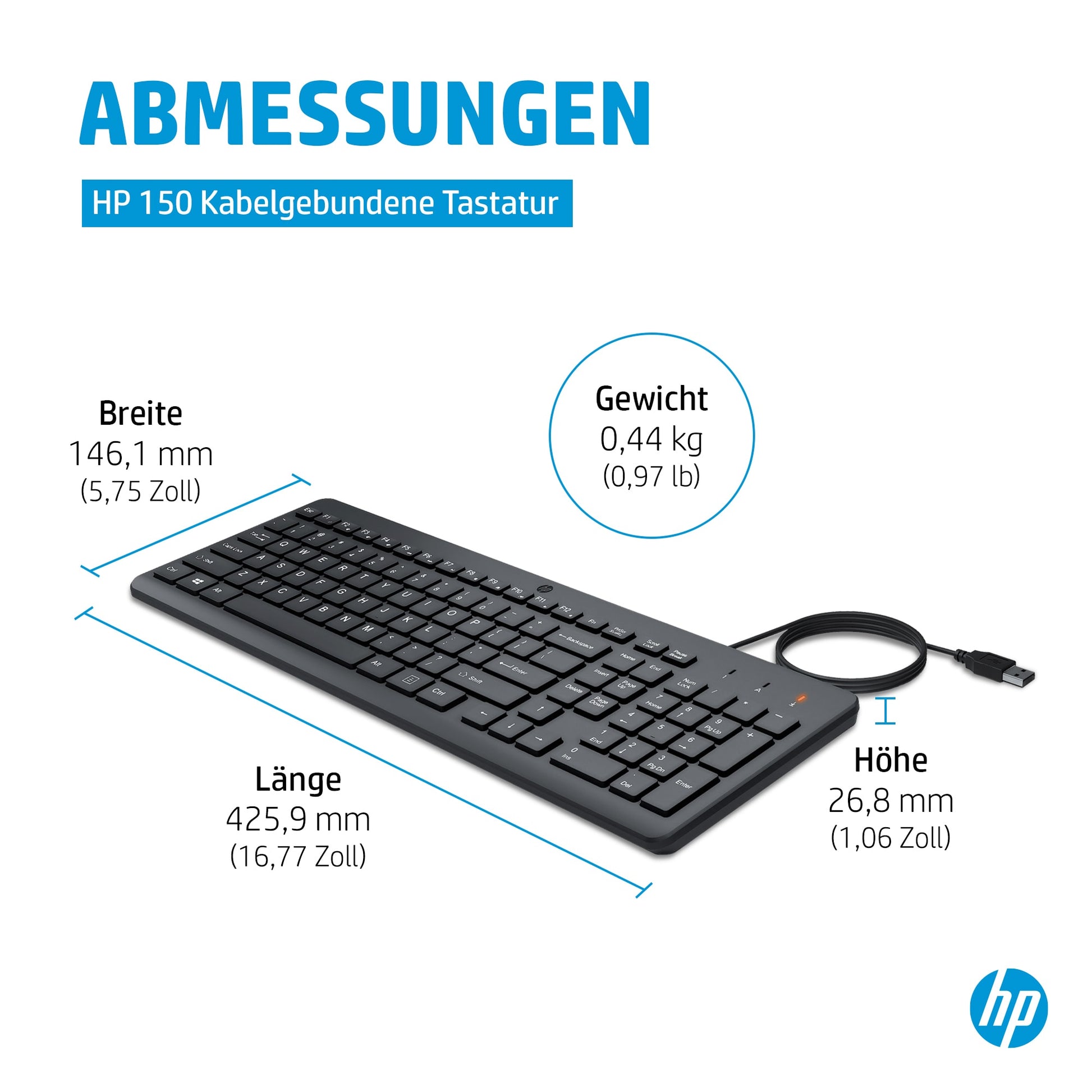 HP 150 – Tastatur, kabelgebunden (USB-A), Fullsize (mit Ziffernblock), Schwarz – für Windows 10 & Windows 11