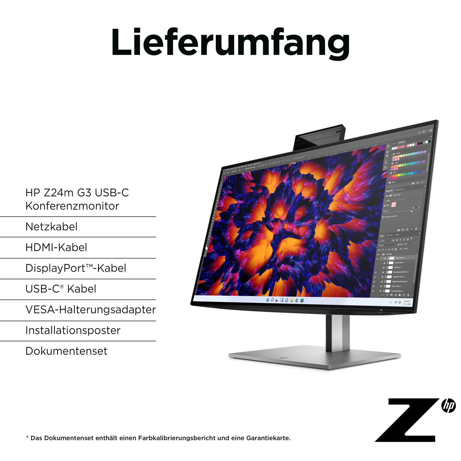 HP Z24M G3 – Monitor, 23,8", IPS, 90 Hz, 400 cd/m², Webcam, Mikrofon, Lautsprecher, USB-C, Silber