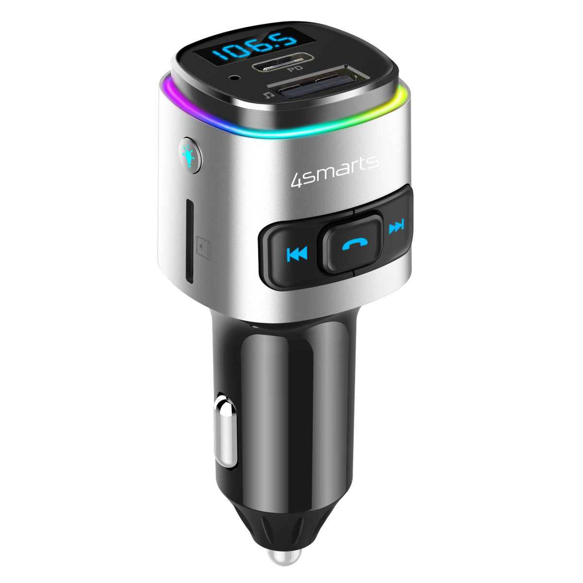 4smarts 456201 FM-Transmitter – für Bluetooth-Geräte, 12–24 V Fahrzeuge – Zigarettenanzünder, USB-A/USB-C