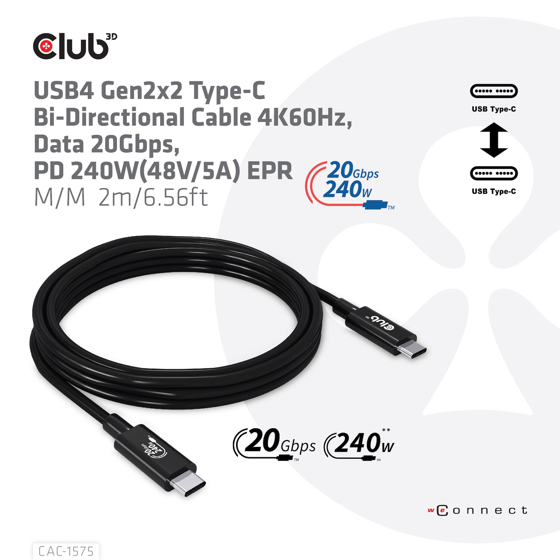 CLUB3D Club 3D – USB-Kabel, USB-C zu USB-C, 2 m, USB4, Lade-/Datenkabel