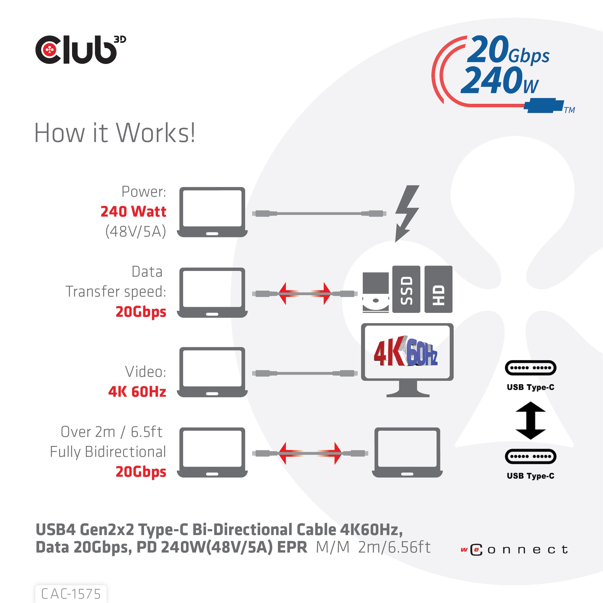 CLUB3D Club 3D – USB-Kabel, USB-C zu USB-C, 2 m, USB4, Lade-/Datenkabel