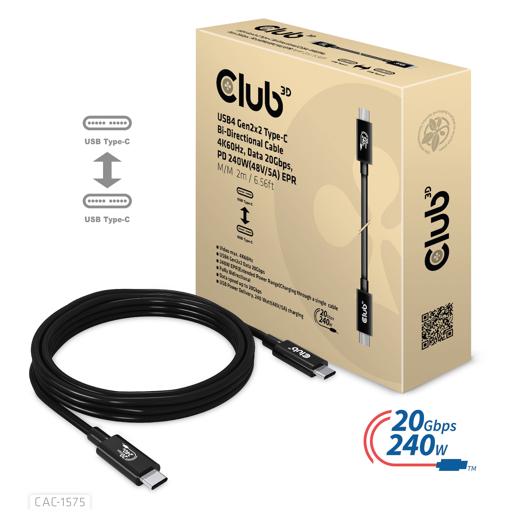 CLUB3D Club 3D – USB-Kabel, USB-C zu USB-C, 2 m, USB4, Lade-/Datenkabel
