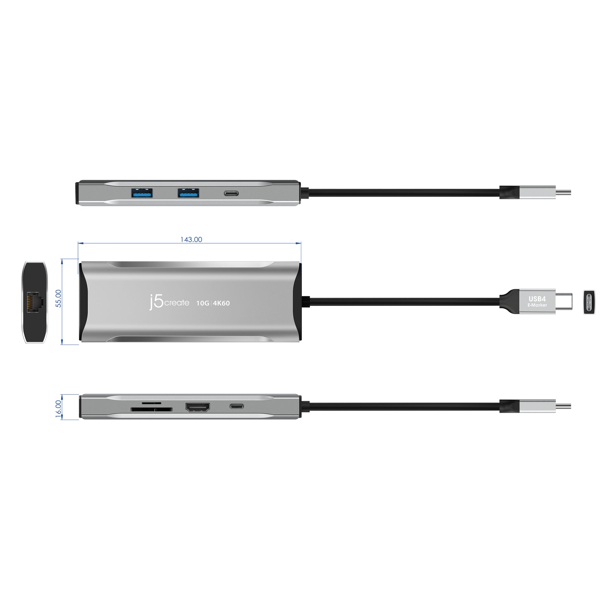 j5create JCD393-N Multiport-Adapter – USB-C, 1× HDMI, 2× USB-A, 2× USB-C, 100 W PD, GbE, SD/microSD