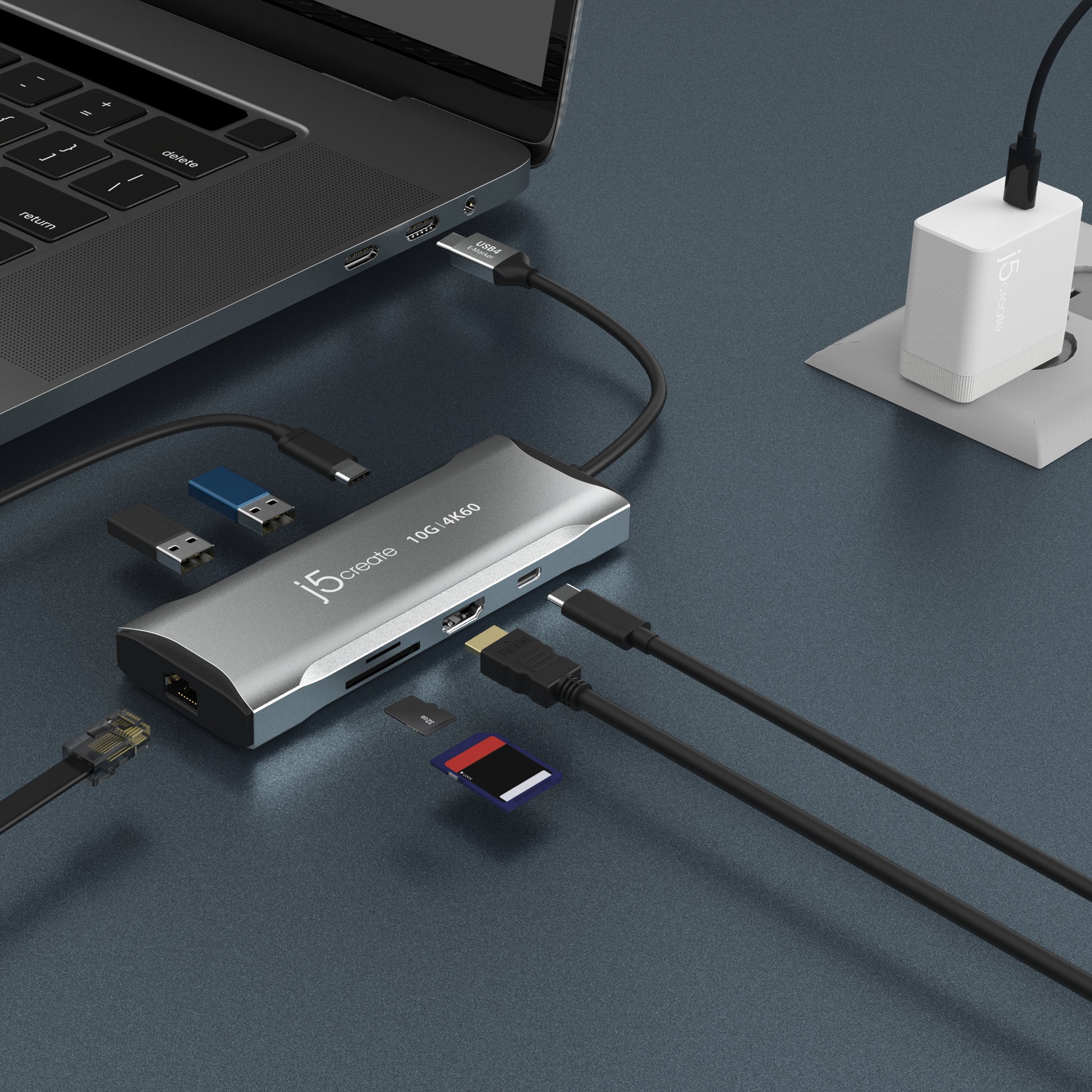 j5create JCD393-N Multiport-Adapter – USB-C, 1× HDMI, 2× USB-A, 2× USB-C, 100 W PD, GbE, SD/microSD