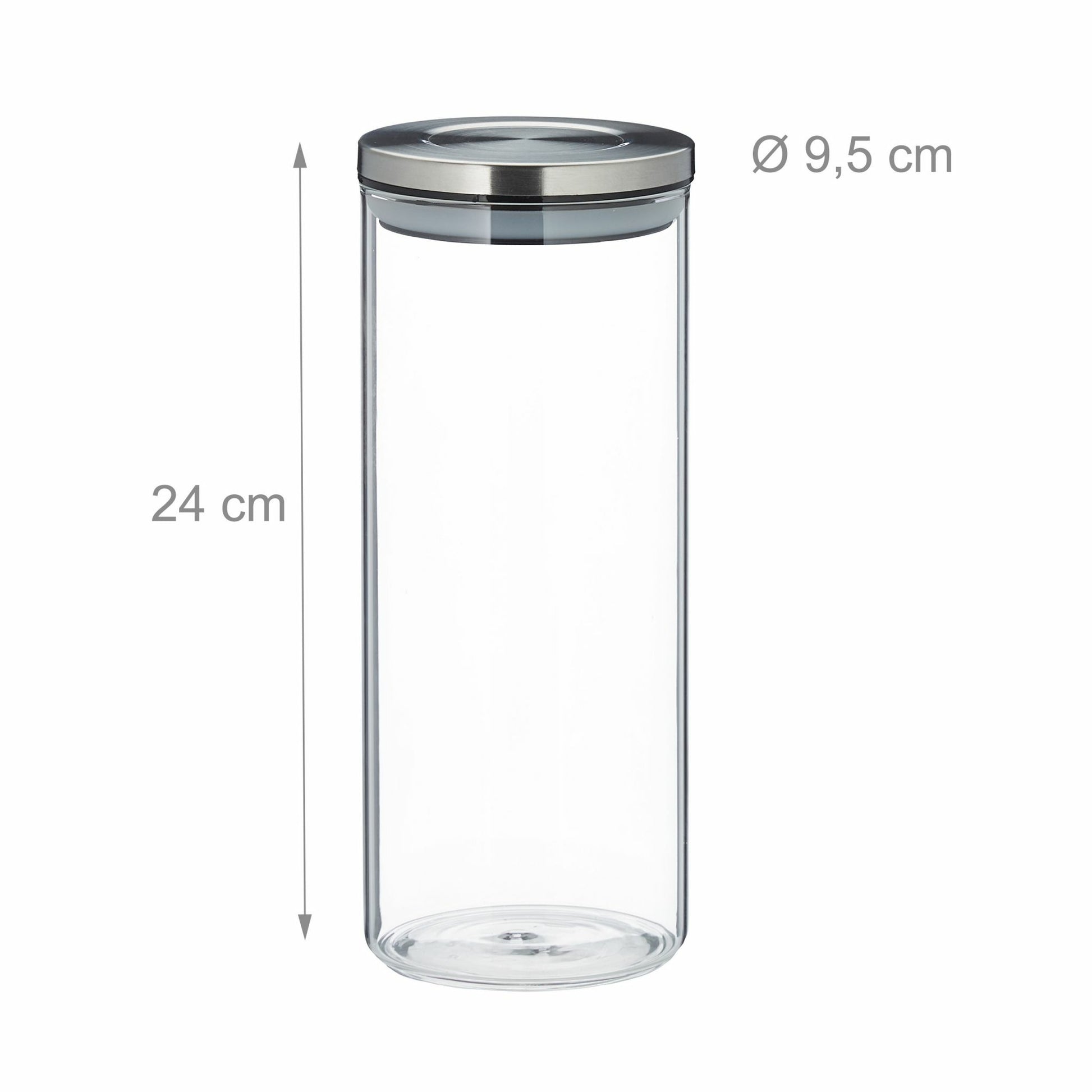 Relaxdays Vorratsdose 1,5 l, Ø 9,5 × 24 cm, Glas (Borosilikat)/Edelstahl/Silikon, transparent/silber