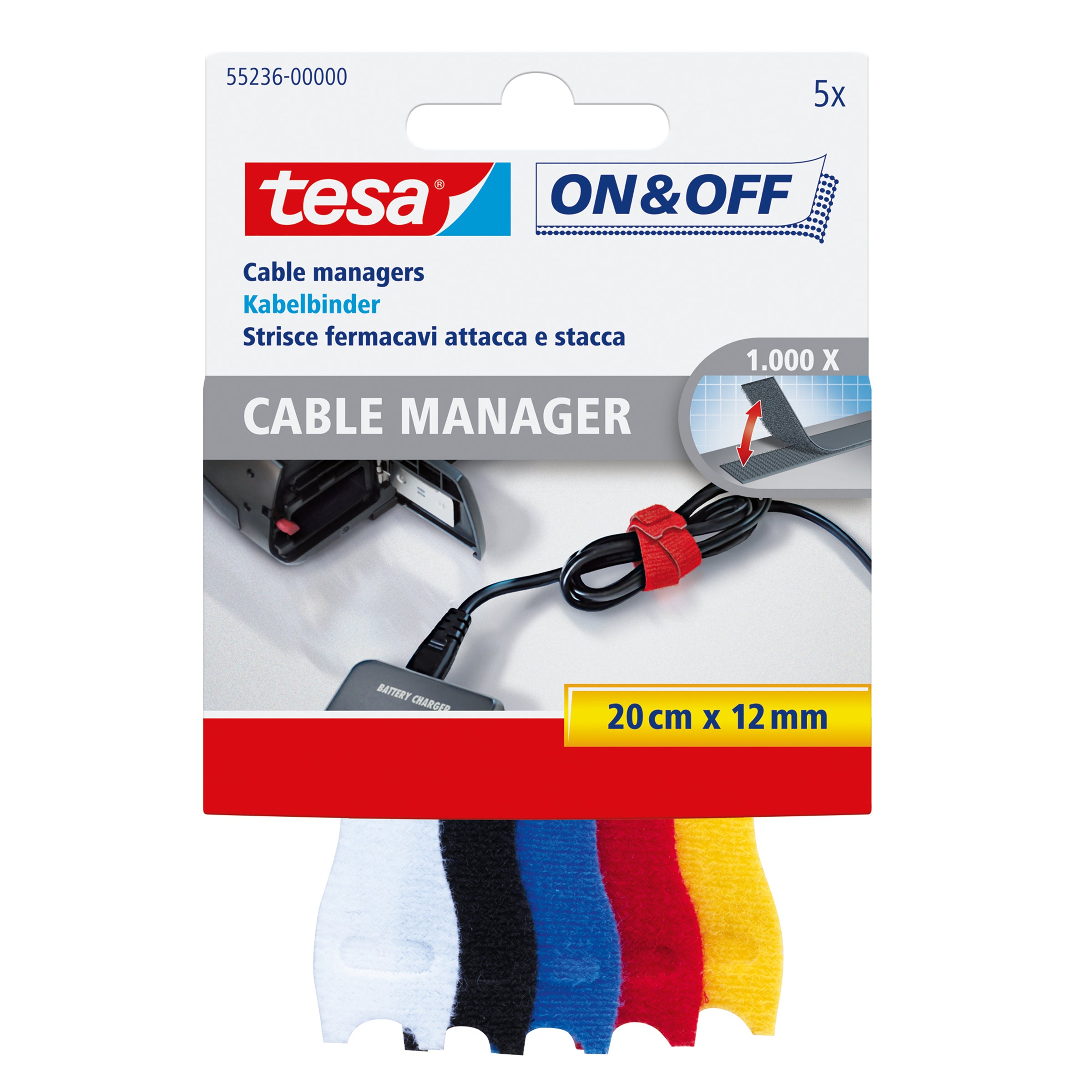 TESA Klettkabelbinder, 12 mm × 0,2 m, 5-farbig, 5 Stück