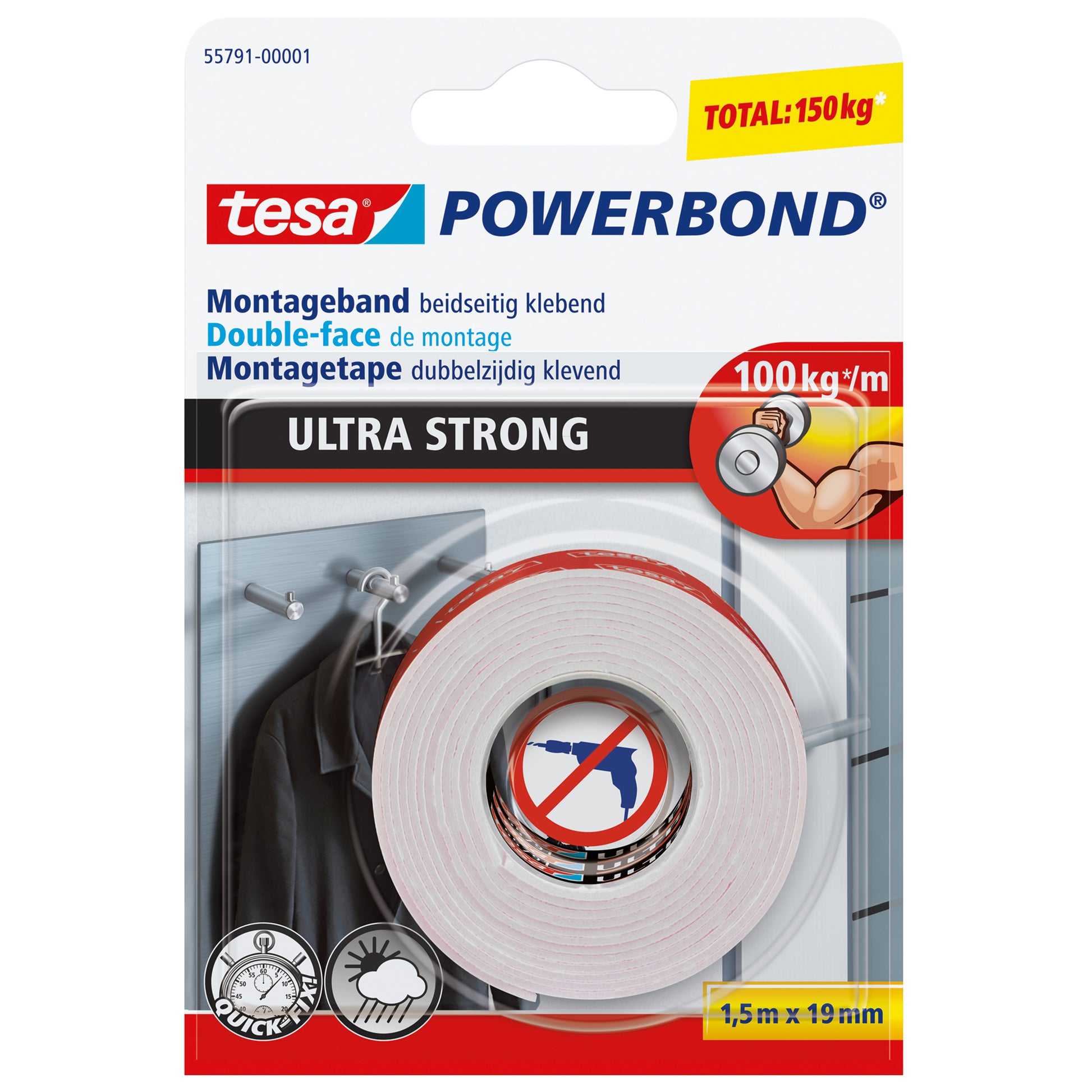 Tesa Ultra Strong Montageband, für Innen- & Aussen – 19 mm × 1,5 m, weiss, bis 10 kg/10 cm