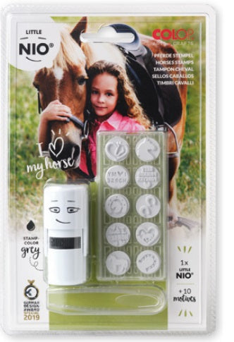Colop Little NIO Rundstempel – Pferde, selbstfärbend, 10 Motive, Ø 17 mm, Kissen grau, Englisch